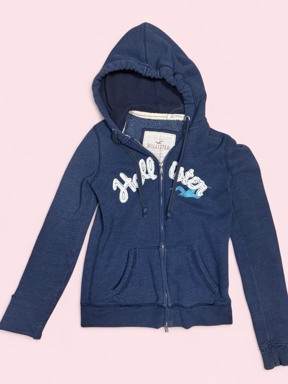 Hollister Navy Blue Zip Hoodie with White Script